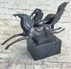 Signed Milo Two Racing Horses Marble Base Art Figurine Bronze Sculpture Statue