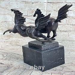 Signed Milo Two Racing Horses Marble Base Art Figurine Bronze Sculpture Statue