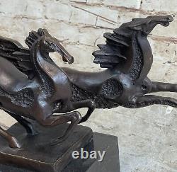 Signed Milo Two Racing Horses Marble Base Figurine Art Bronze Sculpture