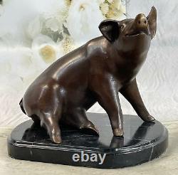 Signed Miniature Farm Animal Domestic Pig Bronze Marble Base Sculpture Figurine
