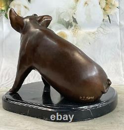 Signed Miniature Farm Animal Domestic Pig Bronze Marble Base Sculpture Figurine