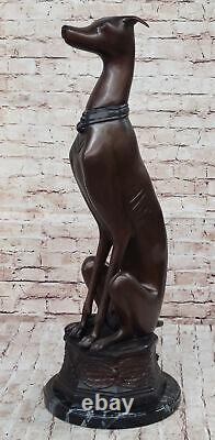 Signed Moigniez Abstract Greyhound Dog Bronze Sculpture Art Deco Marble Statue
