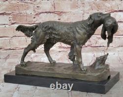 Signed Moigniez Hunting Dog with Quail Bronze Sculpture on Marble Base