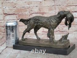 Signed Moigniez Hunting Dog with Quail Bronze Sculpture on Marble Base