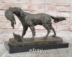 Signed Moigniez Hunting Dog with Quail Bronze Sculpture on Marble Base