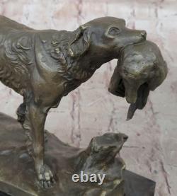 Signed Moigniez Hunting Dog with Quail Bronze Sculpture on Marble Base