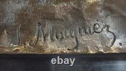 Signed Moigniez Hunting Dog with Quail Bronze Sculpture on Marble Base
