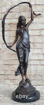 Signed Moreau Beauty Ribbon Dancer Bronze Sculpture Marble Base Statue Figurine