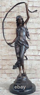 Signed Moreau Beauty Ribbon Dancer Bronze Sculpture Marble Base Statue Figurine