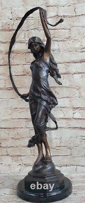 Signed Moreau Beauty Ribbon Dancer Bronze Sculpture Marble Base Statue Figurine