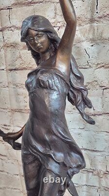 Signed Moreau Beauty Ribbon Dancer Bronze Sculpture Marble Base Statue Figurine