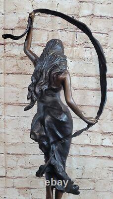 Signed Moreau Beauty Ribbon Dancer Bronze Sculpture Marble Base Statue Figurine