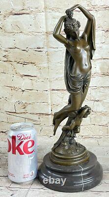Signed Moreau Chair Woman with Angel Bronze Statue Art Deco Cast Marble Figurine