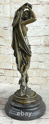 Signed Moreau Chair Woman with Angel Bronze Statue Art Deco Cast Marble Figurine