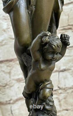 Signed Moreau Chair Woman with Angel Bronze Statue Art Deco Cast Marble Figurine