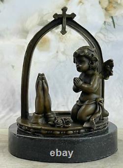 Signed Moreau Charming Angel Standing On Rock Bronze Marble Sculpture Art Deco
