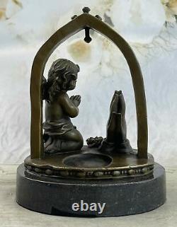 Signed Moreau Charming Angel Standing On Rock Bronze Marble Sculpture Art Deco