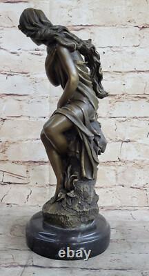 Signed Moreau, Female Bronze Statue, Flesh-Toned Angel Art Deco Marble Figurine, Large