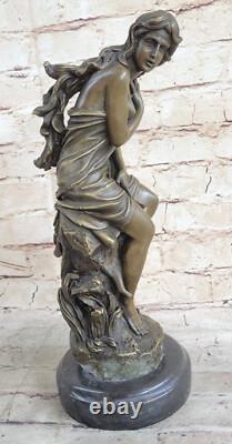 Signed Moreau, Female Bronze Statue, Flesh-Toned Angel Art Deco Marble Figurine, Large