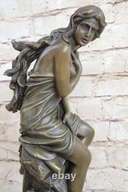 Signed Moreau, Female Bronze Statue, Flesh-Toned Angel Art Deco Marble Figurine, Large