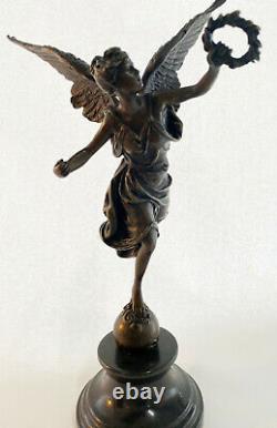 Signed Moreau Grand Charming Angel Standing On Rock Bronze Marble Sculpture Deco