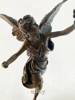 Signed Moreau Grand Charming Angel Standing On Rock Bronze Marble Sculpture Deco