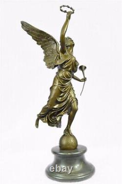 'Signed Moreau: Grand Charming Angel Standing on Rock Bronze Marble Decorative Sculpture'