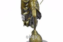 'Signed Moreau: Grand Charming Angel Standing on Rock Bronze Marble Decorative Sculpture'