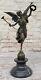 Signed Moreau Great Charming Angel Standing On Rock Bronze Marble Sculpture Decor