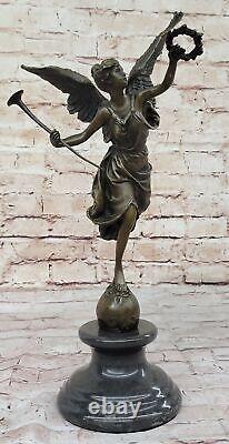 Signed Moreau: Large Charming Angel Standing on Rock Bronze Marble Sculpture Art