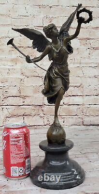 Signed Moreau: Large Charming Angel Standing on Rock Bronze Marble Sculpture Art