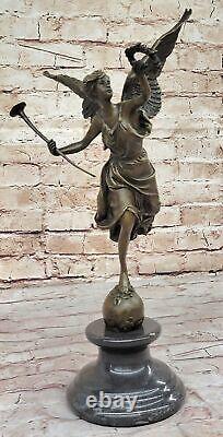 Signed Moreau: Large Charming Angel Standing on Rock Bronze Marble Sculpture Art