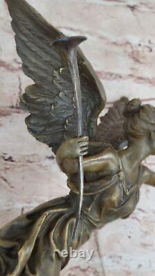 Signed Moreau: Large Charming Angel Standing on Rock Bronze Marble Sculpture Art