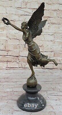 Signed Moreau Large Charming Standing Angel on Rock Bronze Marble Décor Sculpture