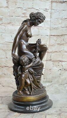 Signed Moreau Woman Chair with Angel Flower Bronze Statue Sculpture Marble Decor