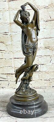 'Signed Moreau: Woman Sitting with Bronze Angel Statue Art Deco Cast Marble Figurine'