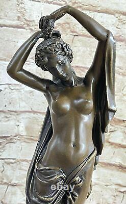 'Signed Moreau: Woman Sitting with Bronze Angel Statue Art Deco Cast Marble Figurine'
