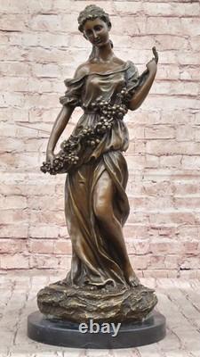 Signed Moreau Young Woman with a Long Fruit Stem Bronze Marble Sculpture
