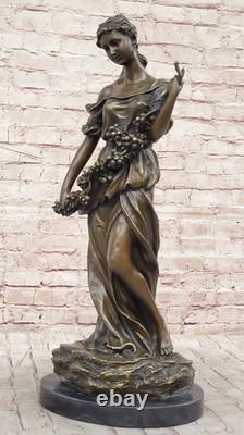 Signed Moreau Young Woman with a Long Fruit Stem Bronze Marble Sculpture