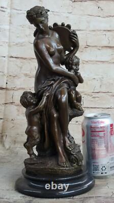 Signed Mother Baby Romantic Bronze Marble Girl Cherub Satyr Cupid Nude Statue