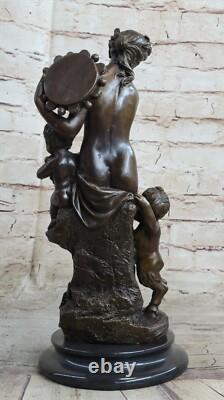 Signed Mother Baby Romantic Bronze Marble Girl Cherub Satyr Cupid Nude Statue