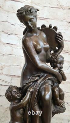 Signed Mother Baby Romantic Bronze Marble Girl Cherub Satyr Cupid Nude Statue