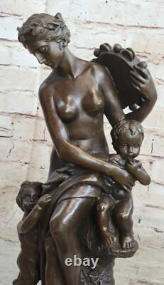 Signed Mother Baby Romantic Bronze Marble Girl Cherub Satyr Cupid Nude Statue