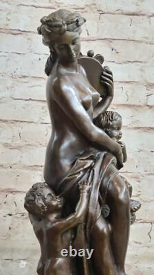 Signed Mother Baby Romantic Bronze Marble Girl Cherub Satyr Cupid Nude Statue