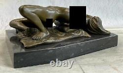 Signed Nude Erotic Woman Bronze Sculpture Statue Figurine Marble Base Art