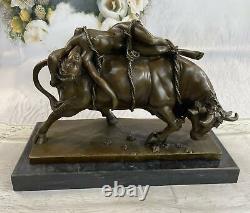 Signed Nude Woman At Rest On Wild Bull Bronze Sculpture Marble Statue Fonte