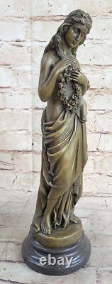 Signed Open Girl Flower Bronze Art Deco Sculpture Marble Base Figurine Gift