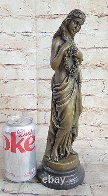 Signed Open Girl Flower Bronze Art Deco Sculpture Marble Base Figurine Gift