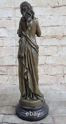 Signed Open Girl Flower Bronze Art Deco Sculpture Marble Base Figurine Gift