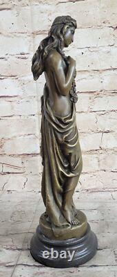 Signed Open Girl Flower Bronze Art Deco Sculpture Marble Base Figurine Gift